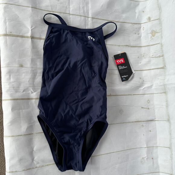NWT TYR Sport Girls' Solid Durafast Diamondback Swim Suit Navy Size 24 - Picture 3 of 9